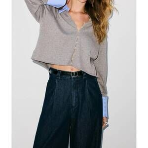 NEW NAADAM cotton cashmere mixed media button down top in cement